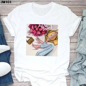 2/$50 Heels Flowers Handbag Print White T-shirt Short Sleeve Top Tee Blouse